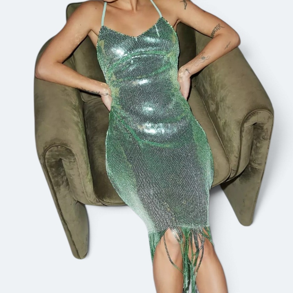 GeeGee Green Sequin Fringe Midi Dress V-Neck Spaghetti Strap Size Small NWT